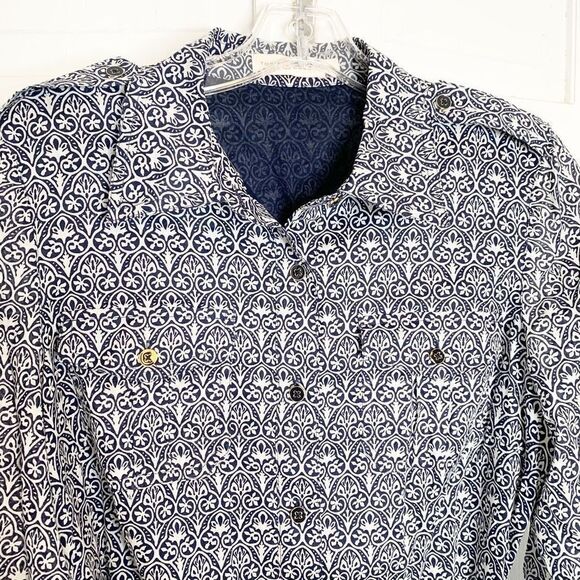 Tory Burch Blue Tile Printed White Button Up Belted Long Sleeve Work Dress Siz 8 - Picture 5 of 13